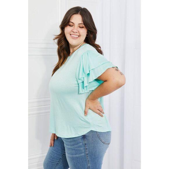 Culture Code Mi Amor Full Size Round Neck Ruffle Sleeve Top In Blue - Picture 2 of 12